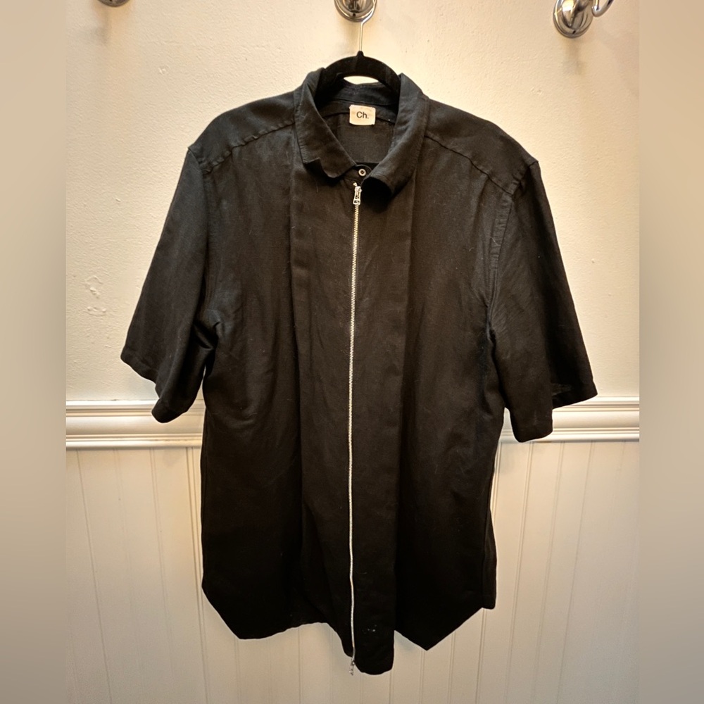 Black Linen-Blend Short-Sleeve Shirt Jacket XL with Zipper by Ch. Chapter.